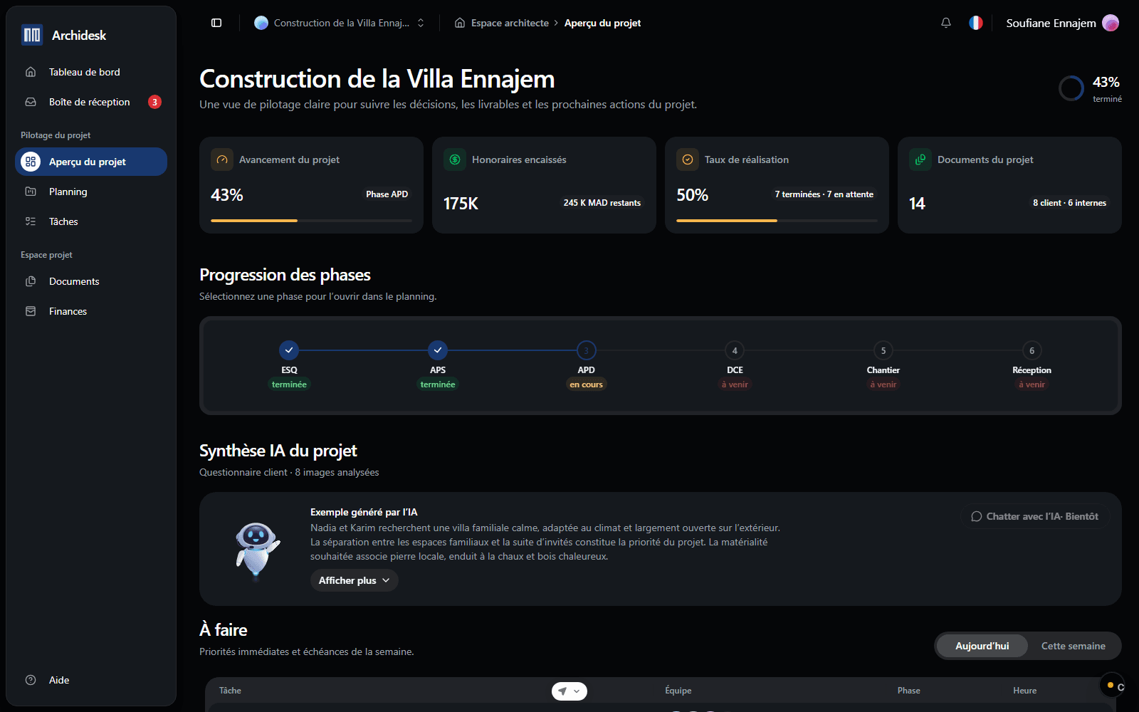 Aperçu de l’espace projet Archidesk